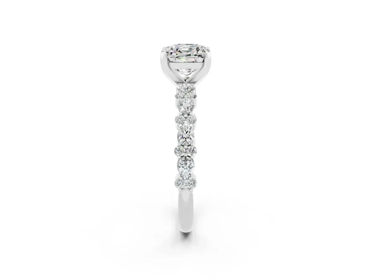 Cushion Cut Moissanite Side Stone Solitaire Ring with Round and Four-Prong Setting Platinum