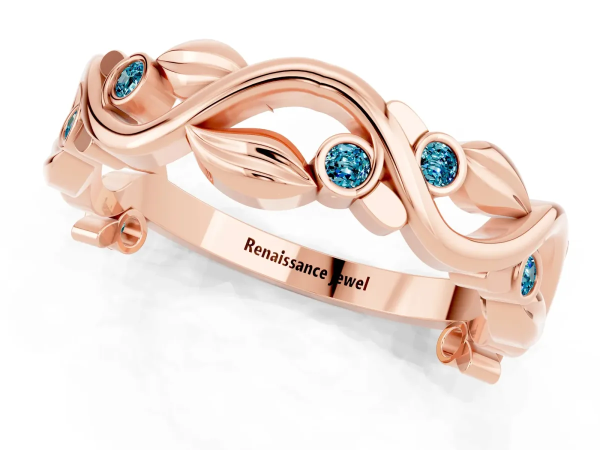Round Blue Topaz Leaf Eternity Band with Bezel Setting Rose gold
