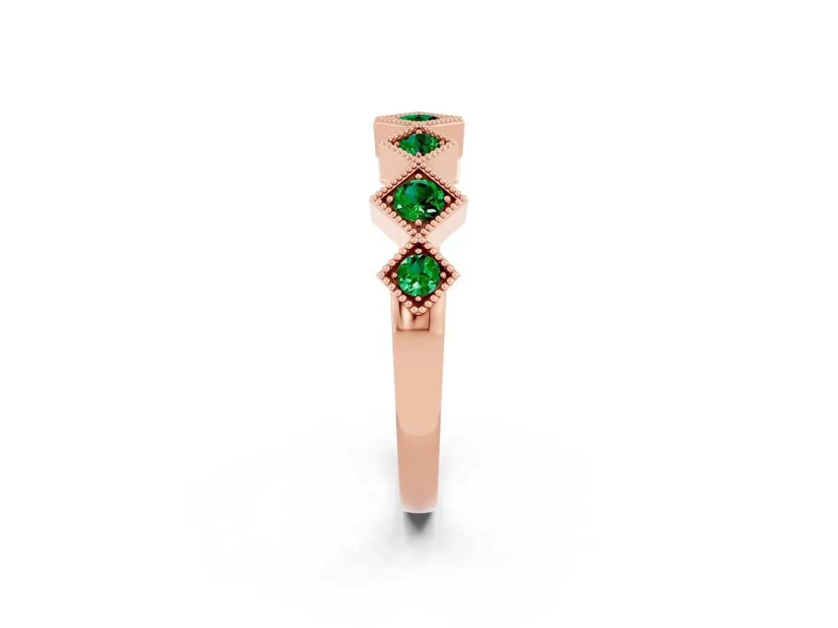 Milgrain Square Bezel Round Emerald Chevron Band Rose gold