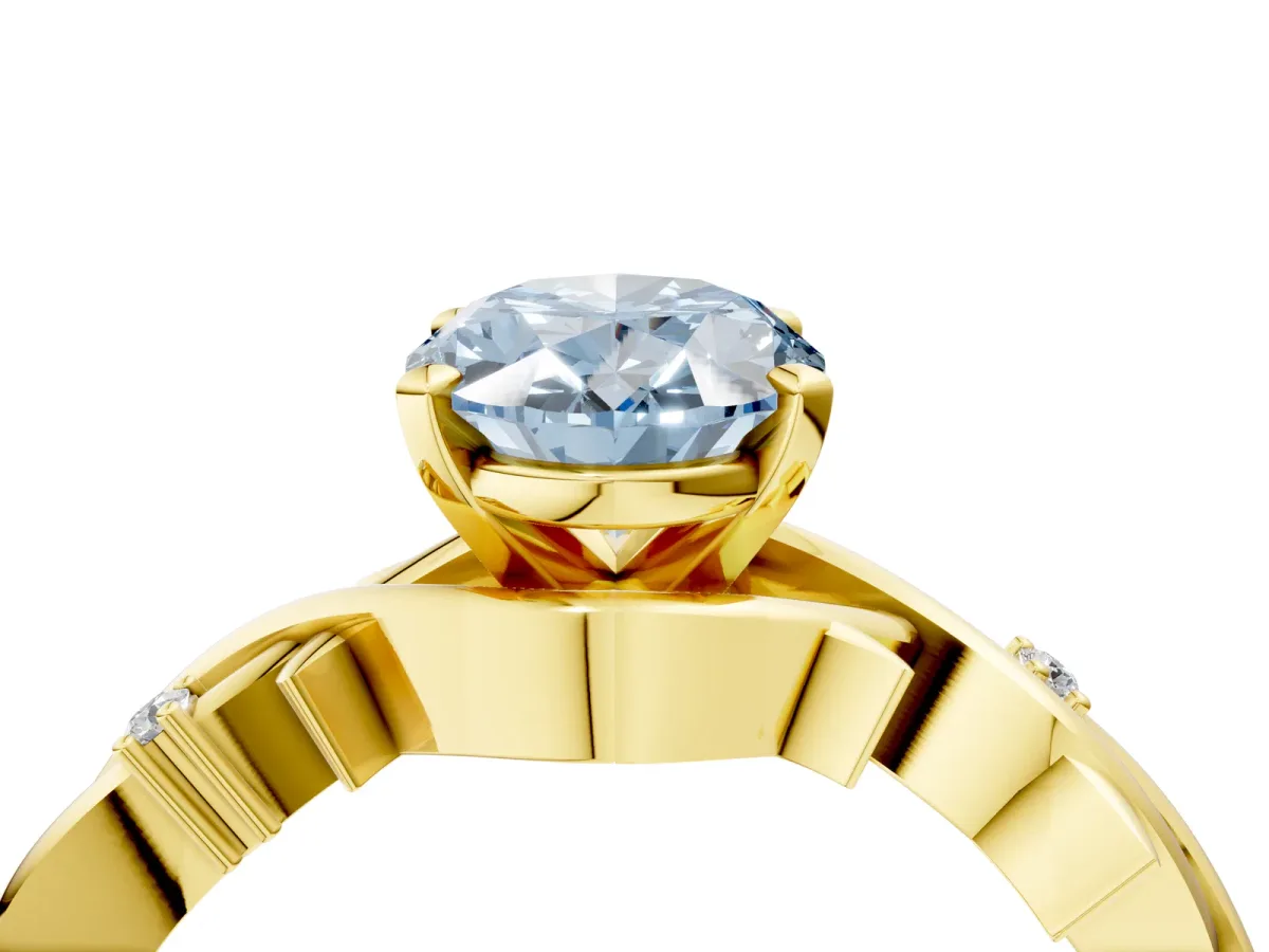 Fancy Blue Oval Cut Diamond Solitaire Ring with Twisted Band and Prong Setting Yellow gold