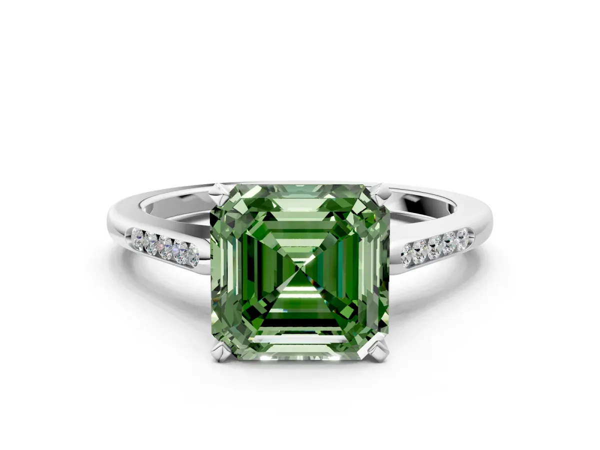 Fancy Green Asscher Cut Diamond Solitaire Ring with Channel Set Round Band and Prong Setting Silver