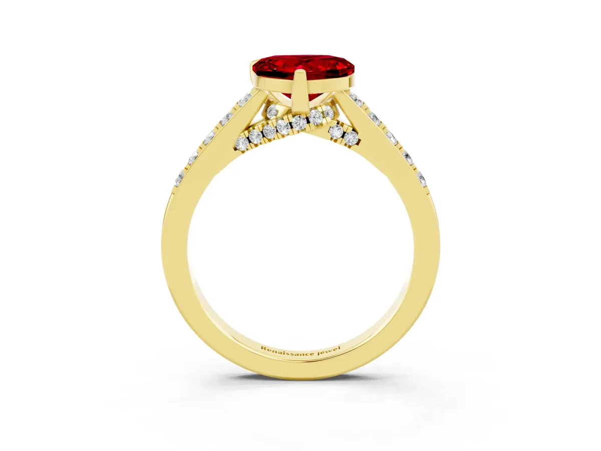 Heart Cut Ruby Solitaire Ring with Crossover Gallery and Round Pavé Band Yellow gold