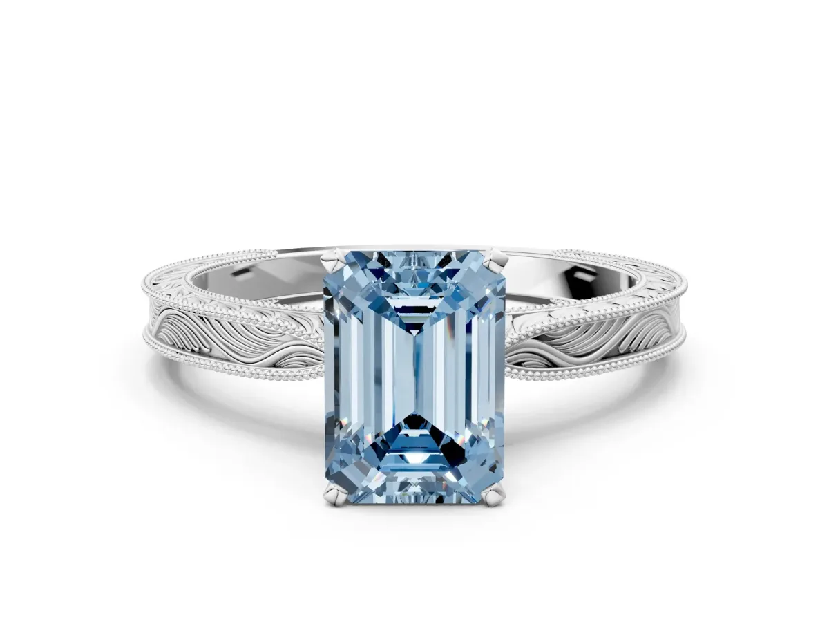 Fancy Blue Emerald Cut Solitaire Milgrain Engraved Band with Four-Prong Setting White gold