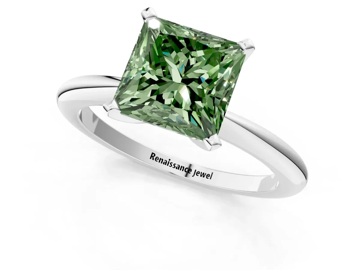 Fancy Green Princess Cut Diamond Solitaire Ring with Six-Prong Setting and Classic Band Silver