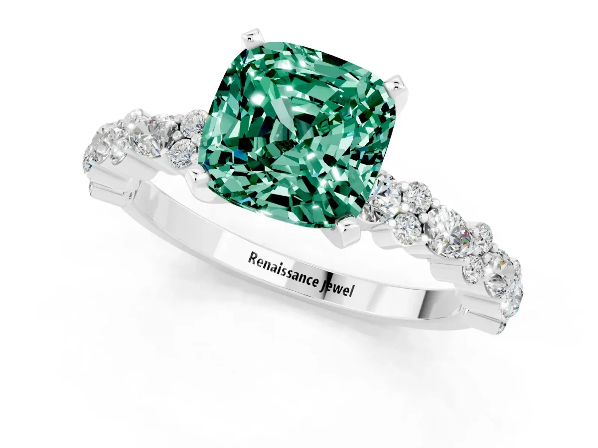 Cushion Cut Green Sapphire Side Stone Solitaire Ring with Round and Four-Prong Setting Silver