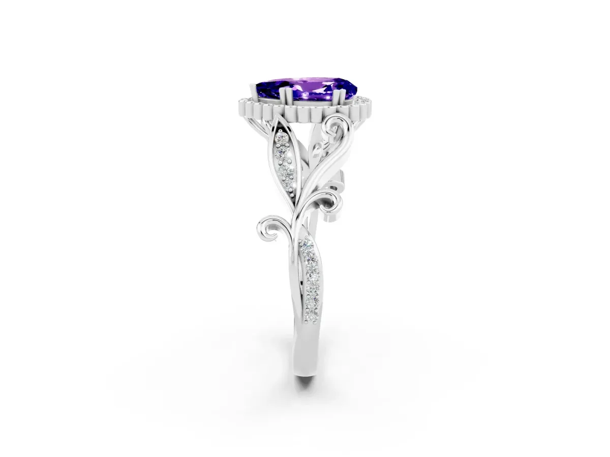 Pear Cut Tanzanite Halo Ring with Vintage Split Shank and Four-Prong Setting Platinum