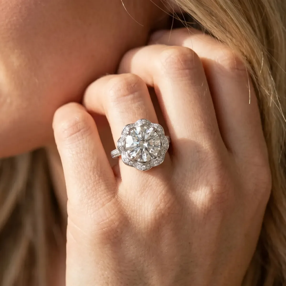 Round Cut Halo Diamond Floral Pave Band Ring with Four-Prong Setting Silver