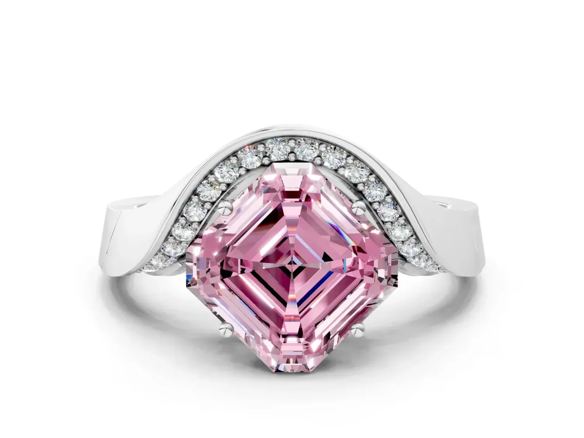 Fancy Pink Asscher Cut Solitaire Diamond Engagement Ring with Pave Band and Four-Prong Setting Silver