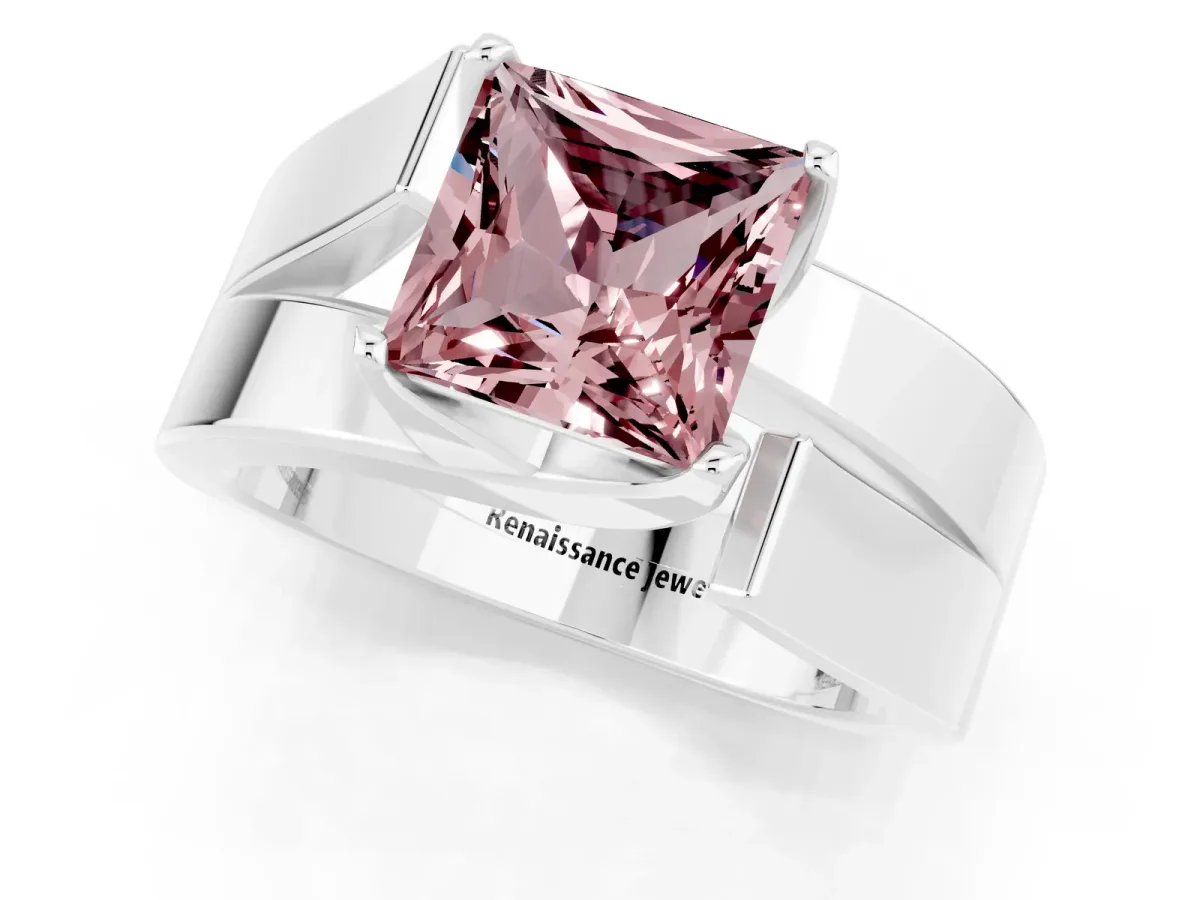 Modern Tension Set Princess Cut Morganite Solitaire Wide Band Ring Silver