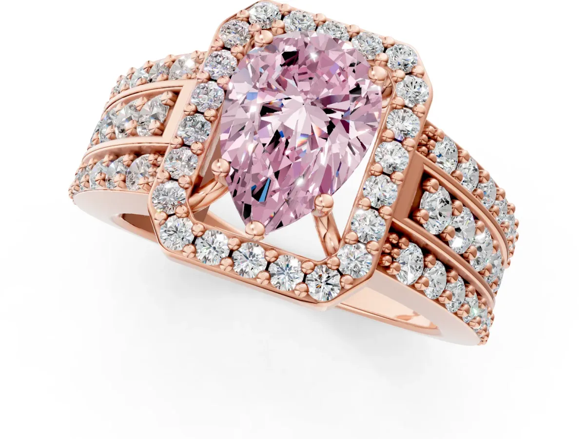 Fancy Pink Pear Cut Halo Diamond Ring with Round Split Shank and Prong Setting Rose gold