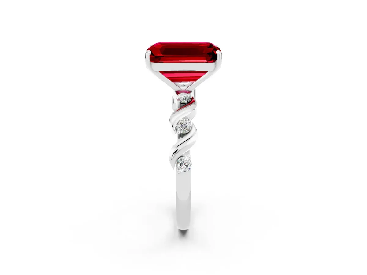 Emerald Cut Ruby Solitaire Twisted Band with Round Accents and Prong Setting White gold