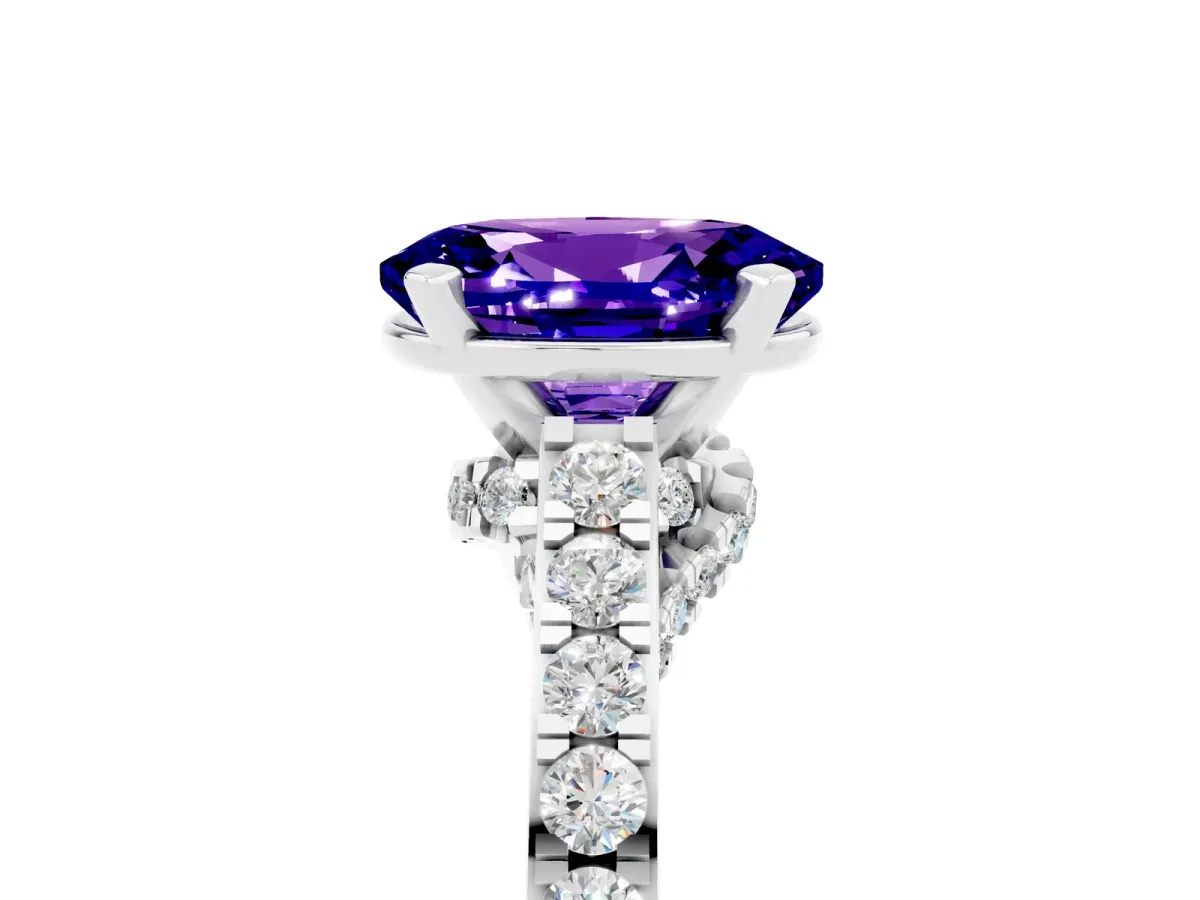 Oval Cut Tanzanite Solitaire Ring with Crossover Gallery and Round Pavé Band Silver
