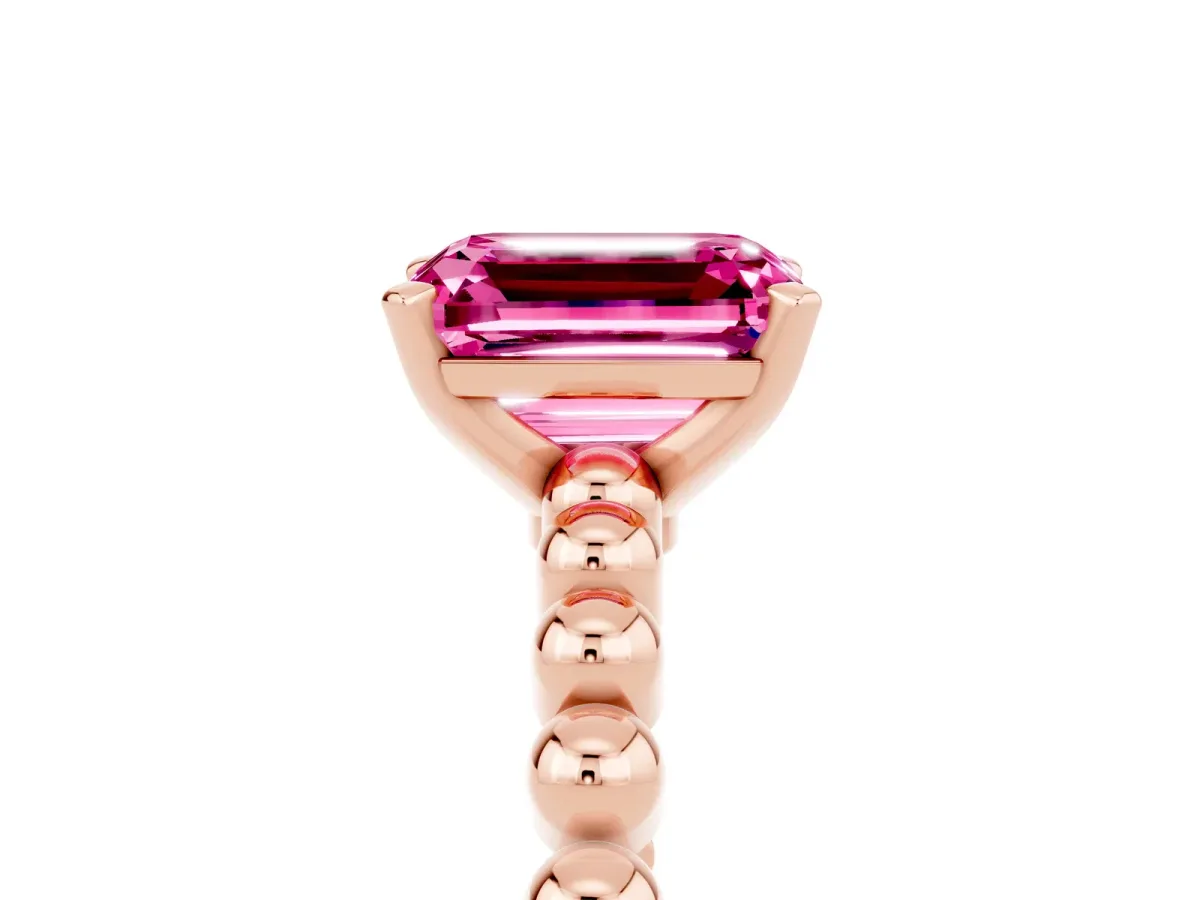 Emerald Cut Pink Sapphire Solitaire Ring with Beaded Band and Prong Setting Rose gold