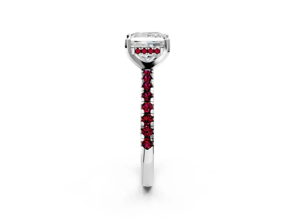Princess Cut Diamond Solitaire Ring with Round Garnet Pavé Band and Four-Prong Setting Silver