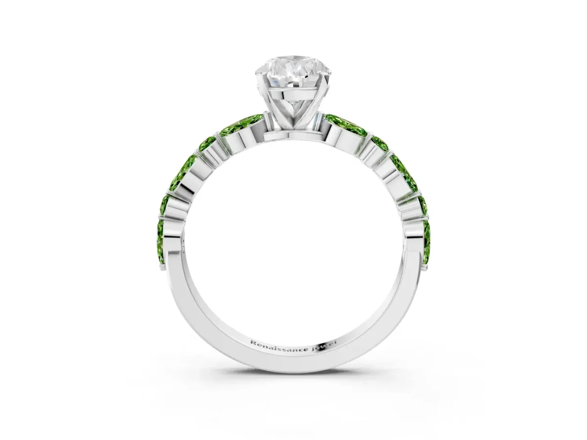 Pear Cut Diamond Ring with Marquise and Round Peridot Side Stones and Four-Prong Setting Silver