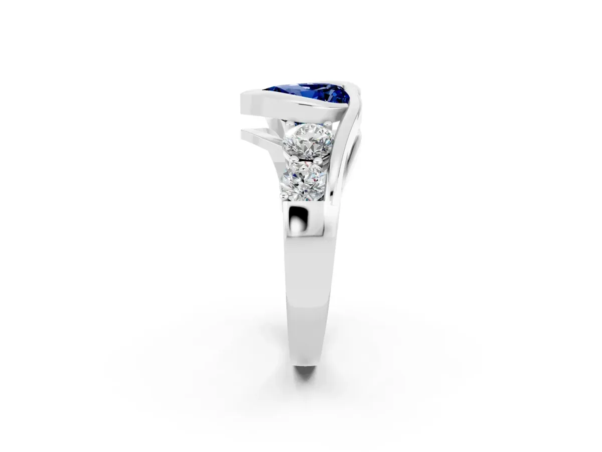 Bezel Set Heart Cut Blue Sapphire Bypass Ring with Round Accents Silver