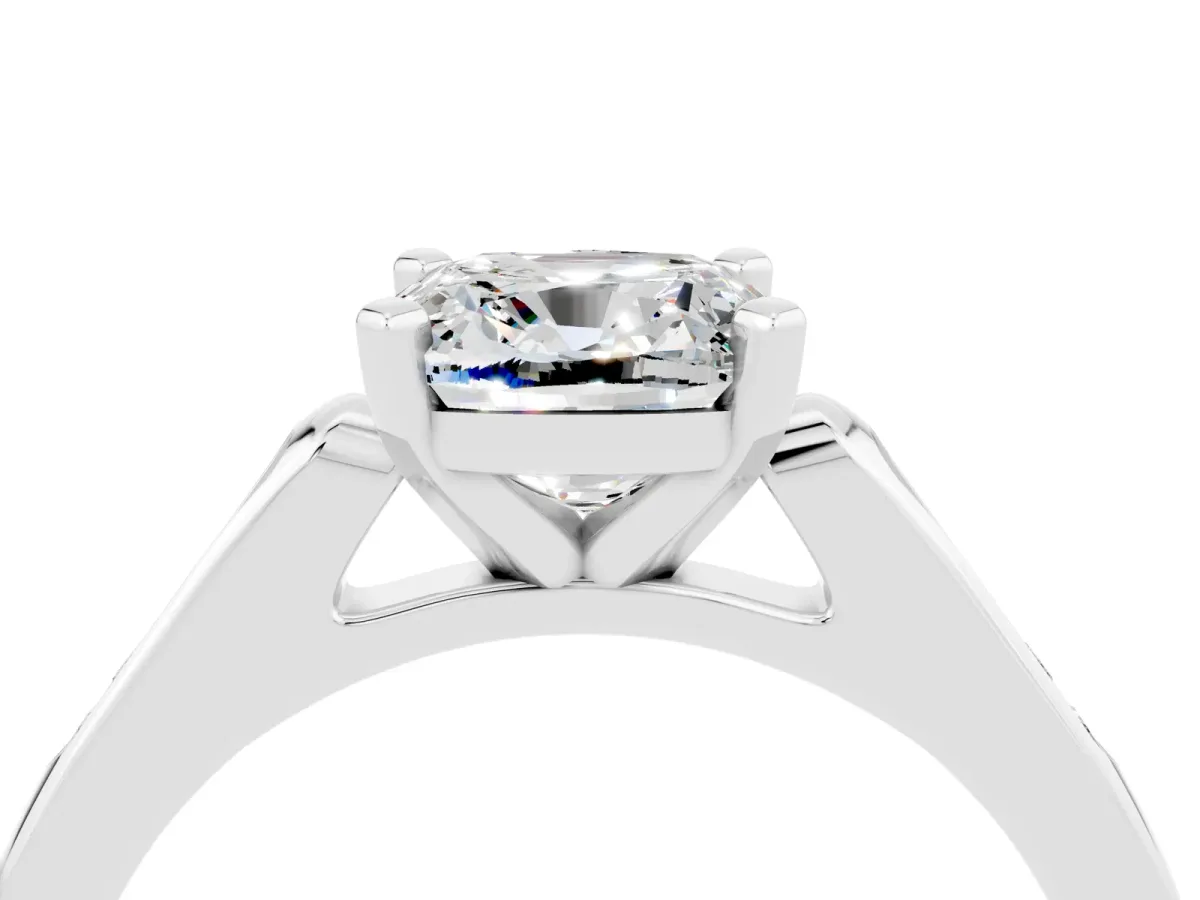 Cushion Cut Moissanite Solitaire Ring with Channel Set Round Band and Prong Setting Silver