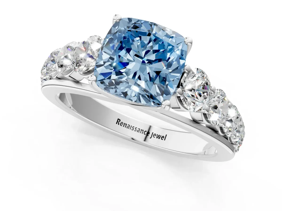 Fancy Blue Cushion Cut Brilliant Diamond Pavé Band with Six-Prong Setting Silver