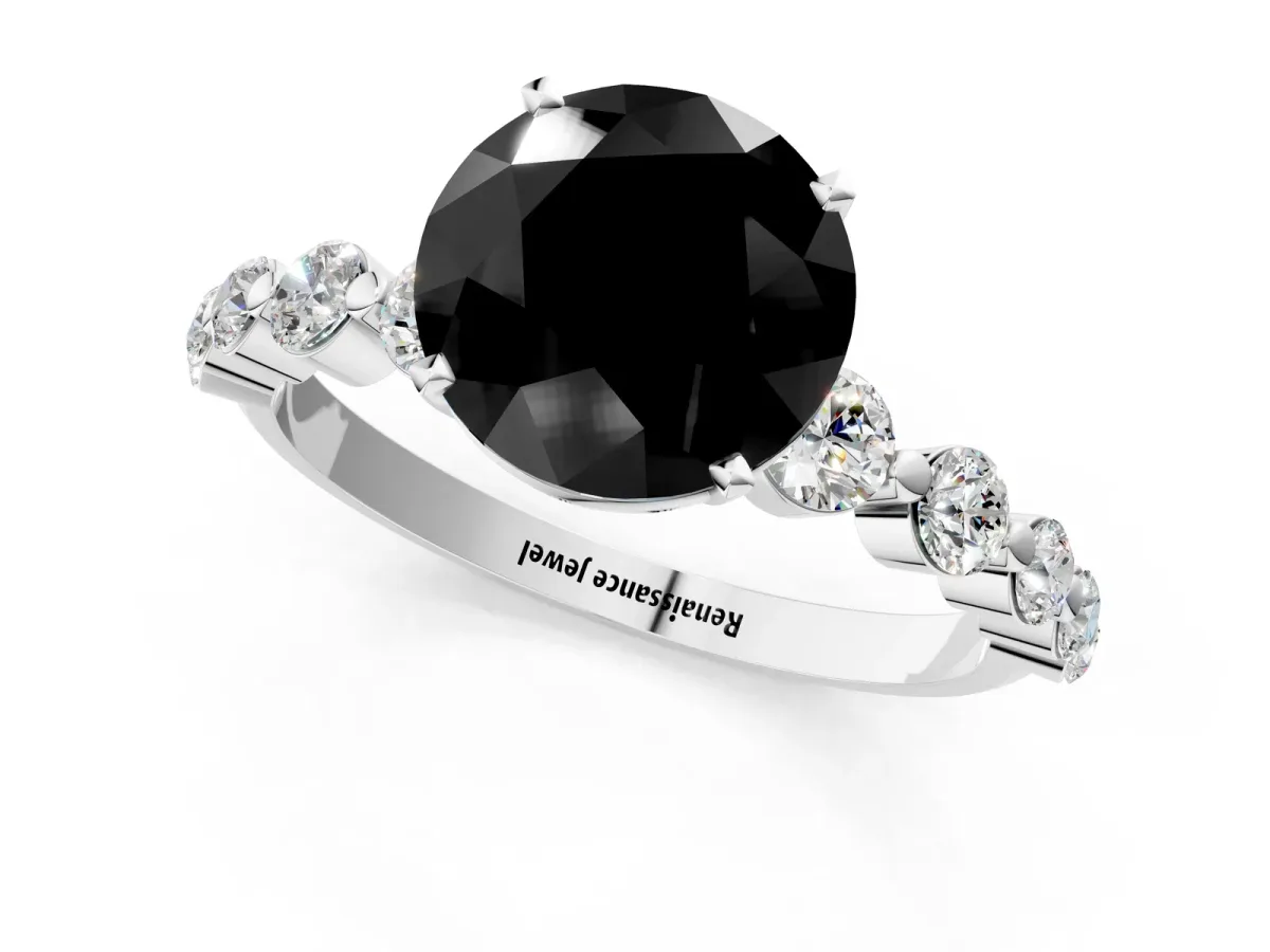 Fancy Black Round Cut Solitaire Diamond Ring with Pave Band and Four-Prong Setting Platinum