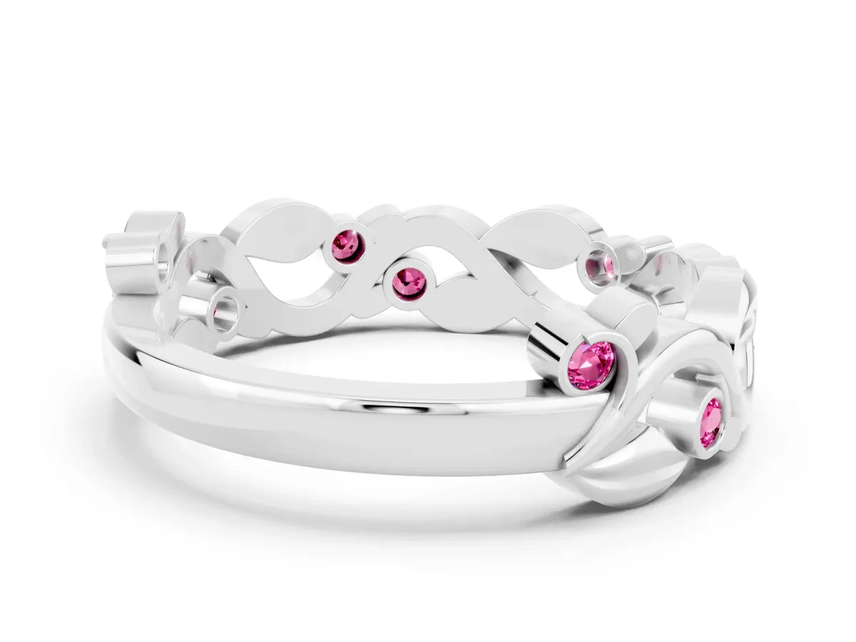 Round Pink Sapphire Leaf Eternity Band with Bezel Setting White gold
