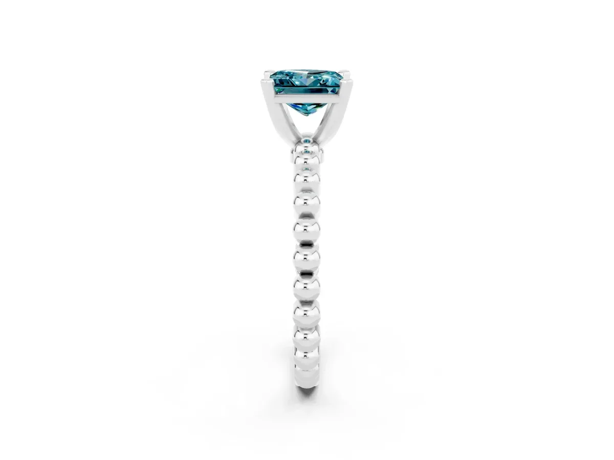 Princess Cut Blue Topaz Solitaire Ring with Beaded Band and Prong Setting Platinum