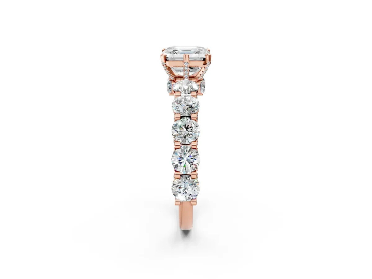 Asscher Cut Diamond Side Stone Engagement Ring with Four-Prong Setting Rose gold