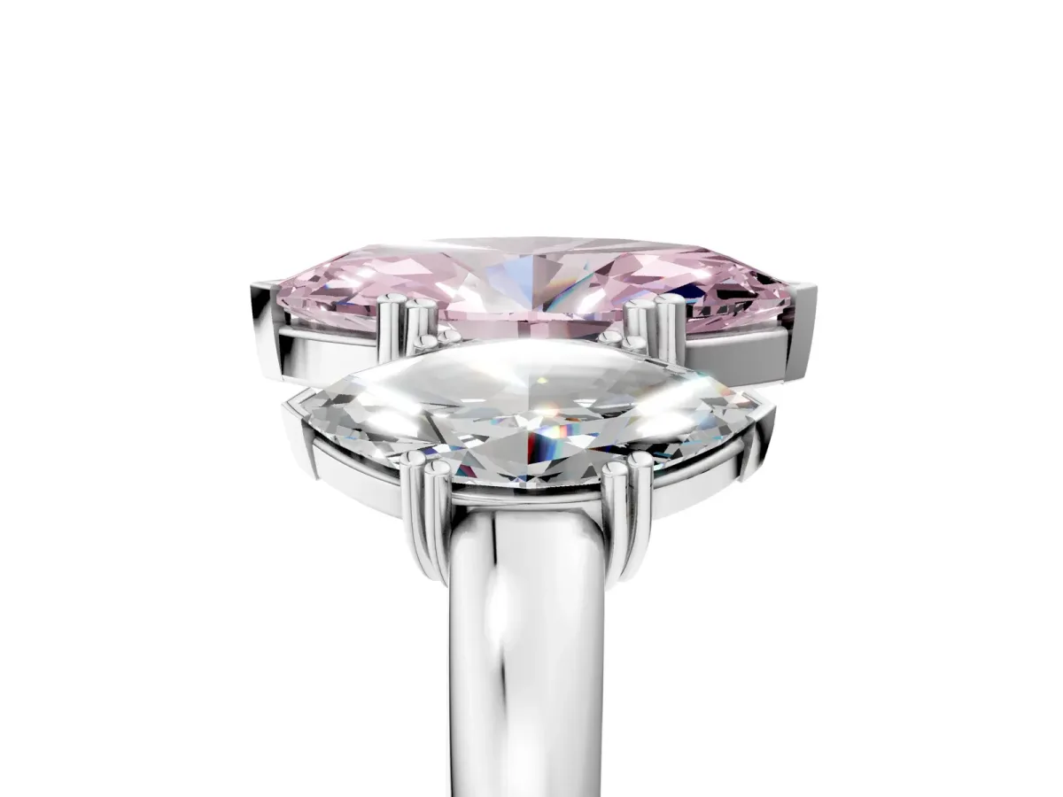 Fancy Pink Three-Stone Marquise Cut Cut Diamond Ring with Channel Set Band and Four-Prong Setting Silver