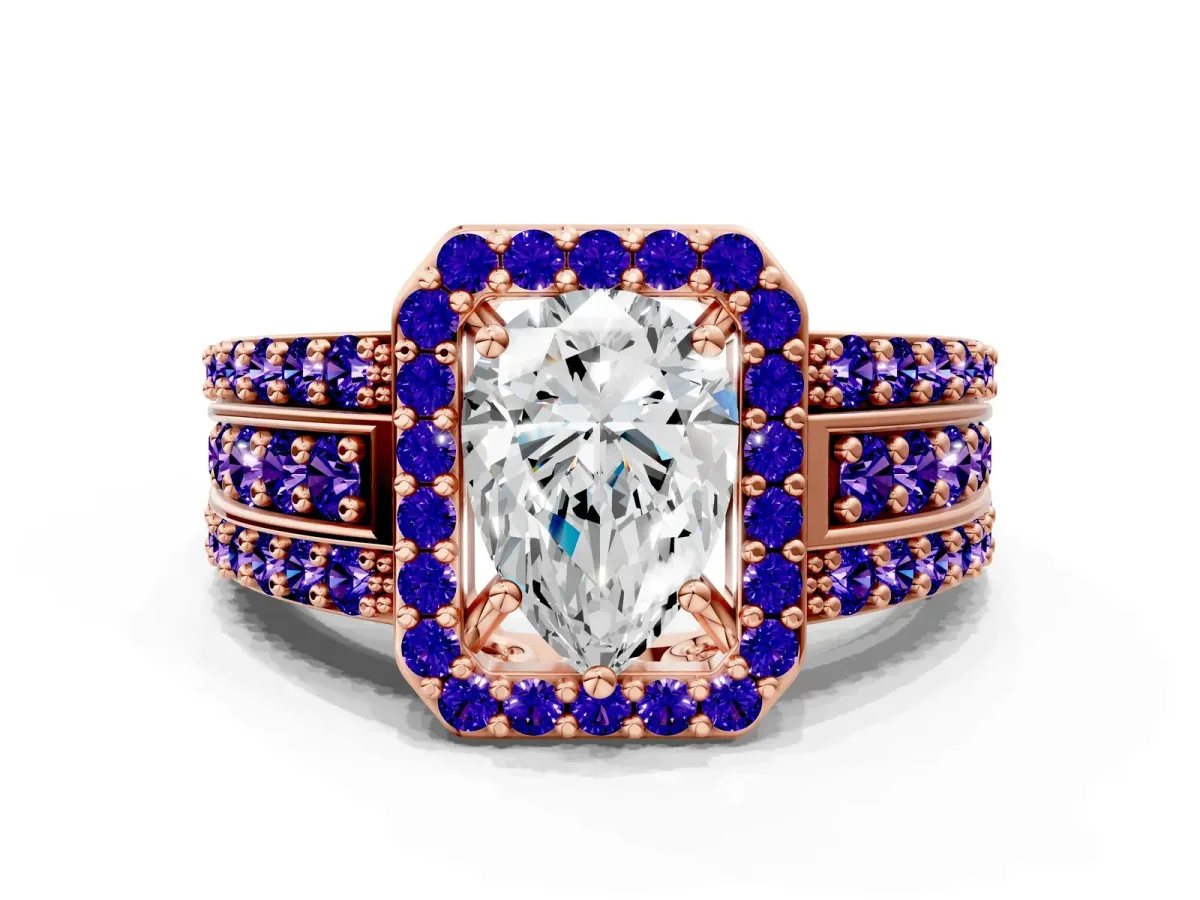 Pear Cut Halo Diamond Ring with Round Tanzanite Split Shank and Prong Setting Rose gold