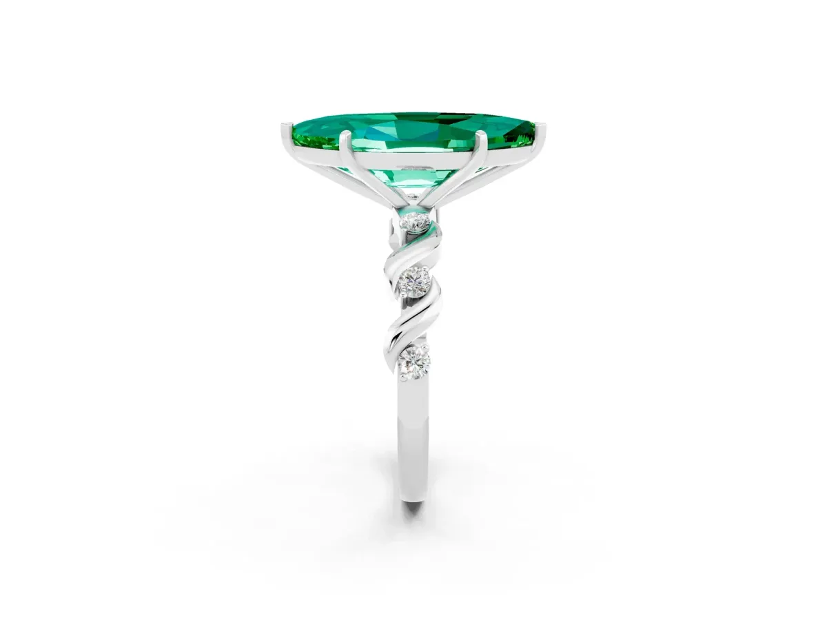 Marquise Cut Emerald Solitaire Twisted Band with Round Accents and Prong Setting Silver