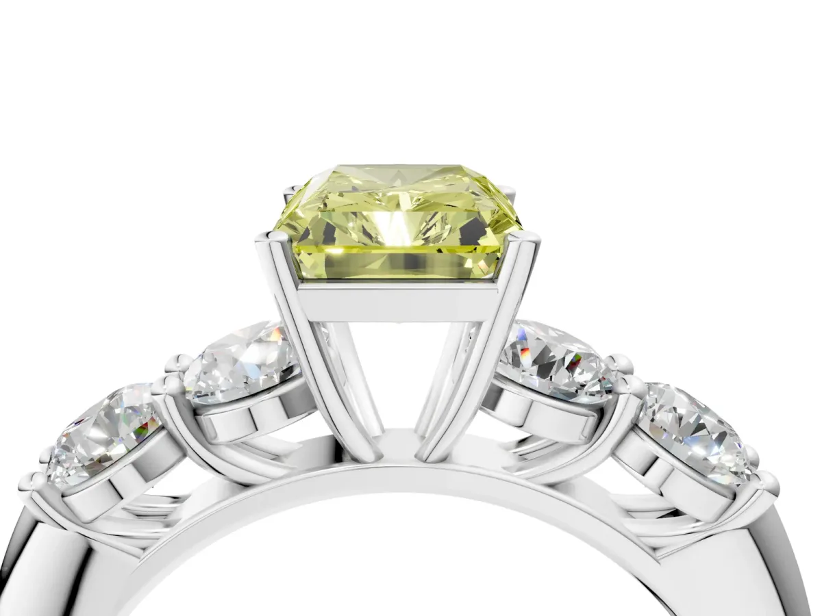 Fancy Yellow Radiant Cut Cut Five-Stone Prong Set Diamond Ring with Classic Band Platinum