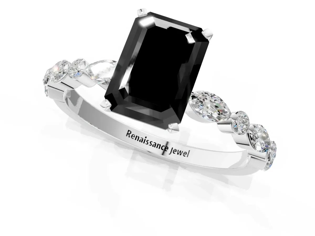 Fancy Black Emerald Cut Diamond Ring with Marquise and Round Side Stones and Four-Prong Setting Silver