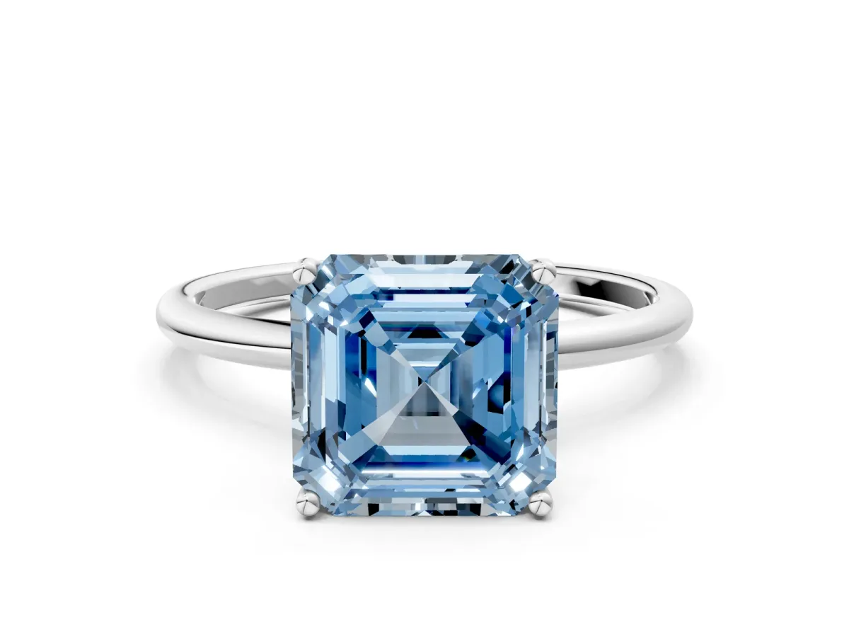 Fancy Blue Asscher Cut Cut Solitaire Engagement Ring with Thin Band and Four-Prong Setting Platinum