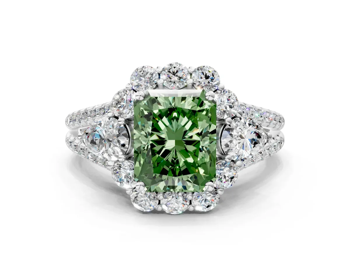 Fancy Green Radiant Cut Halo Split Shank Diamond Engagement Ring with Prong Setting Platinum
