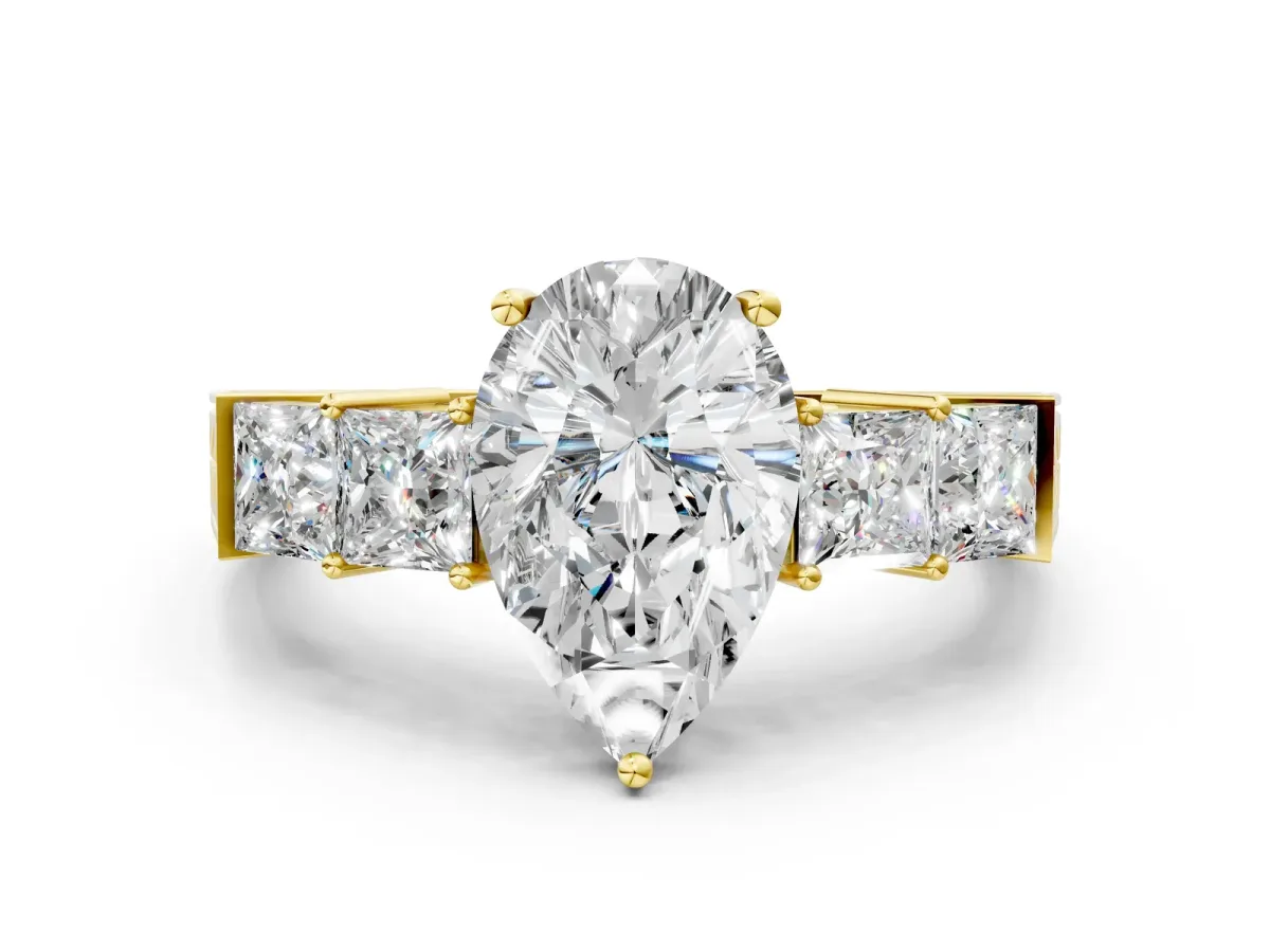 Pear Cut Solitaire Princess Side Stone Engraved Band Prong Setting Ring Yellow gold