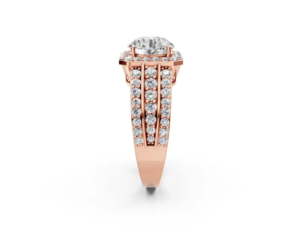 Round Cut Halo Diamond Ring with Round Split Shank and Prong Setting Rose gold