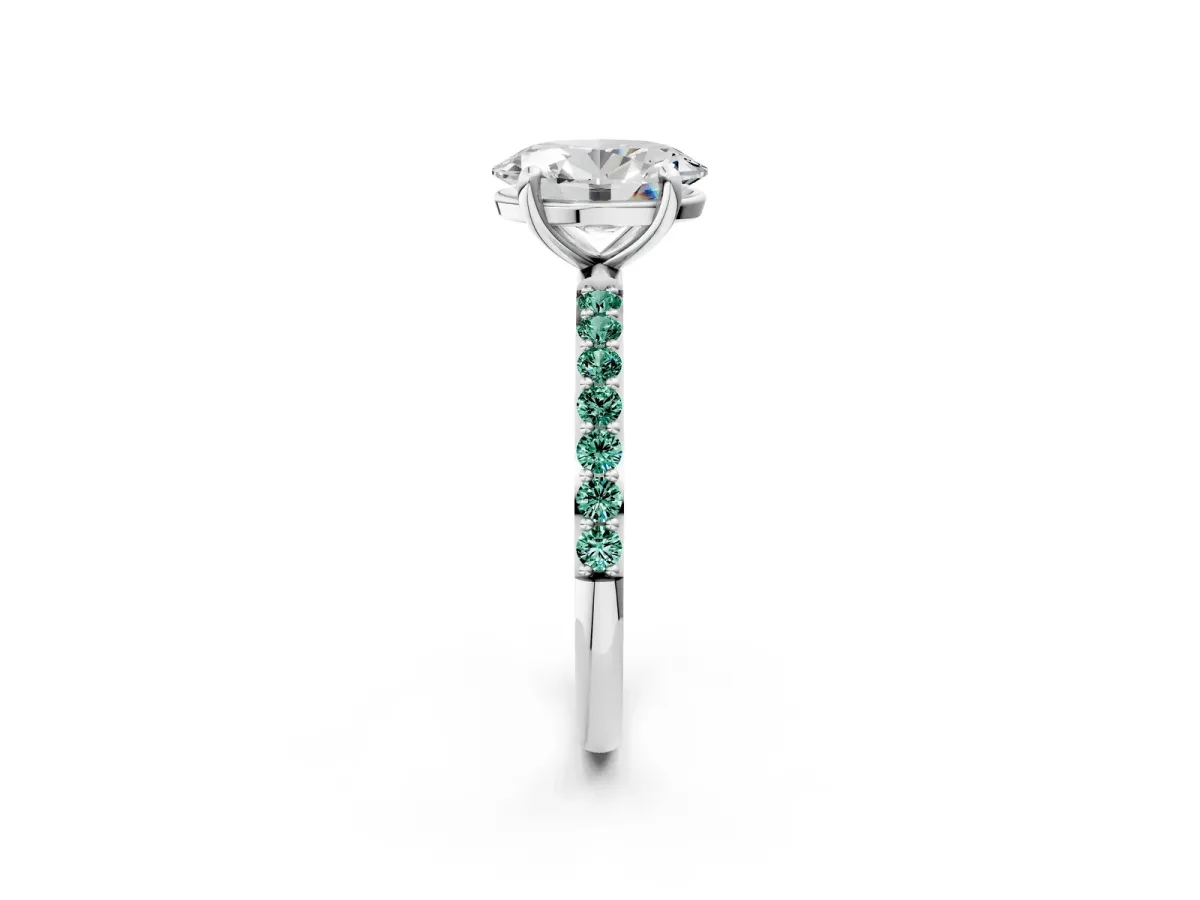 Oval Cut Diamond Solitaire Ring with Round Green Sapphire Pavé Band and Prong Setting Silver