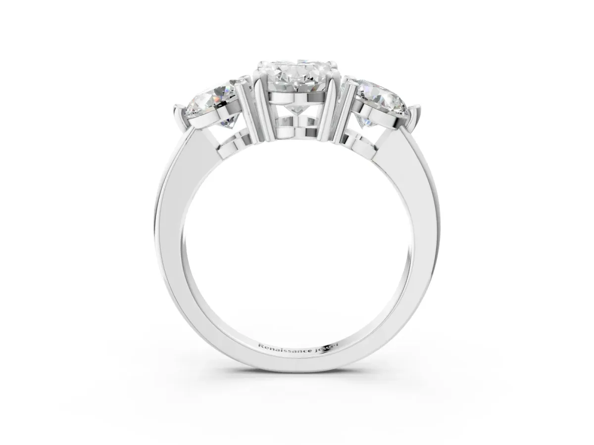 Three-Stone Oval Cut Brilliant Cut Solitaire Ring with Prong Setting on a Classic Band White gold