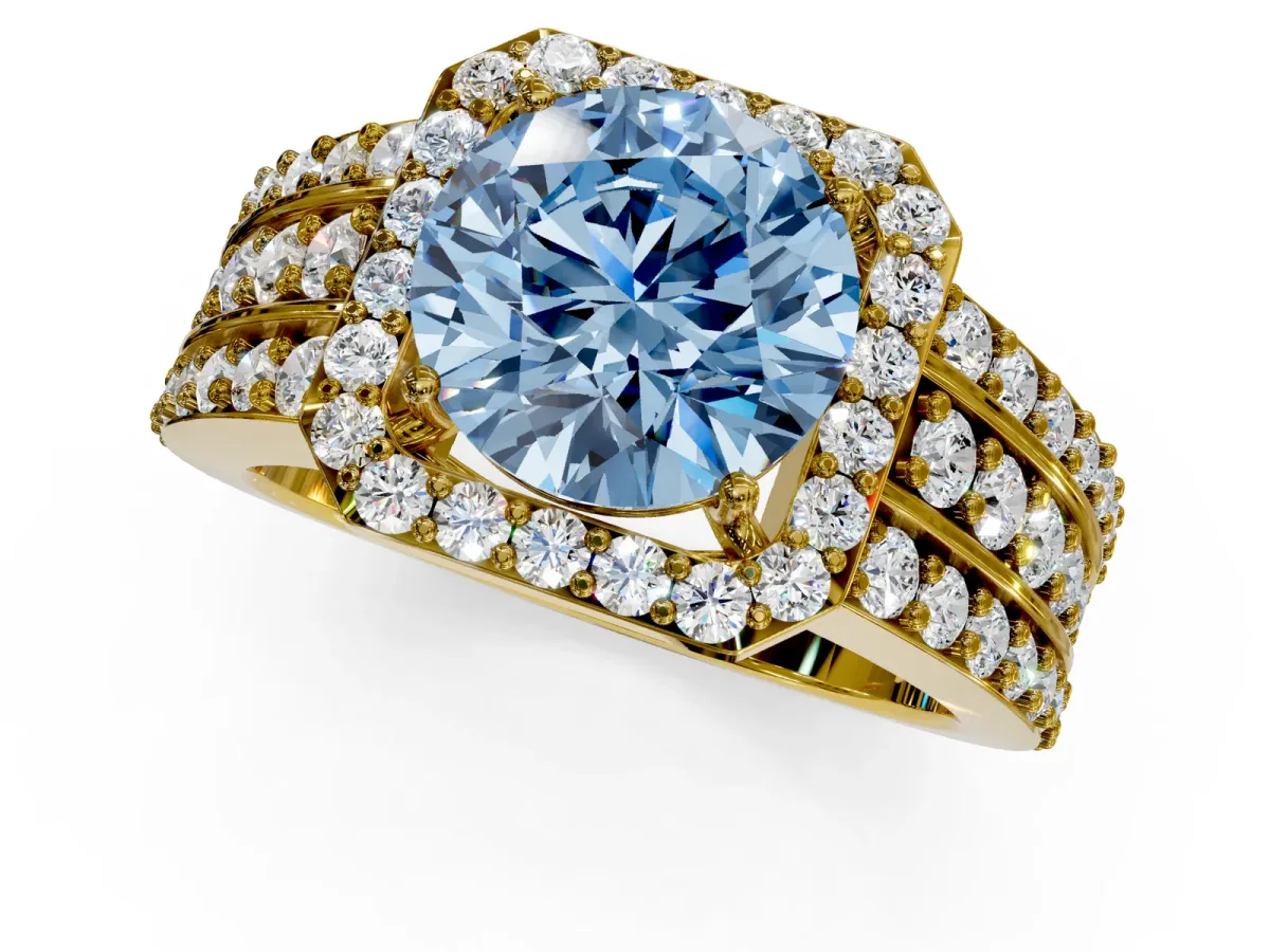 Fancy Blue Round Cut Halo Diamond Ring with Round Split Shank and Prong Setting Yellow gold