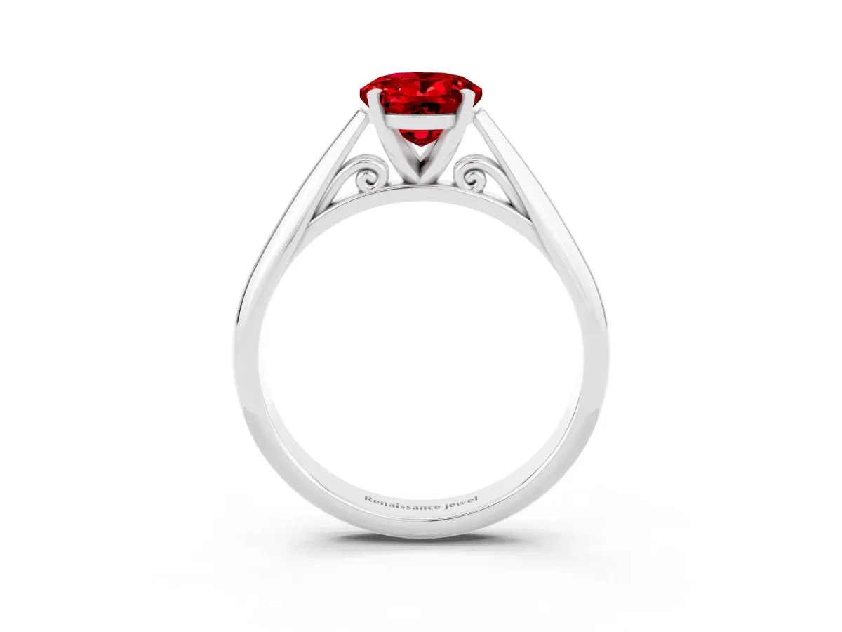 Oval Cut Ruby Solitaire Engagement Ring with Cathedral Setting and Four-Prong Mount White gold