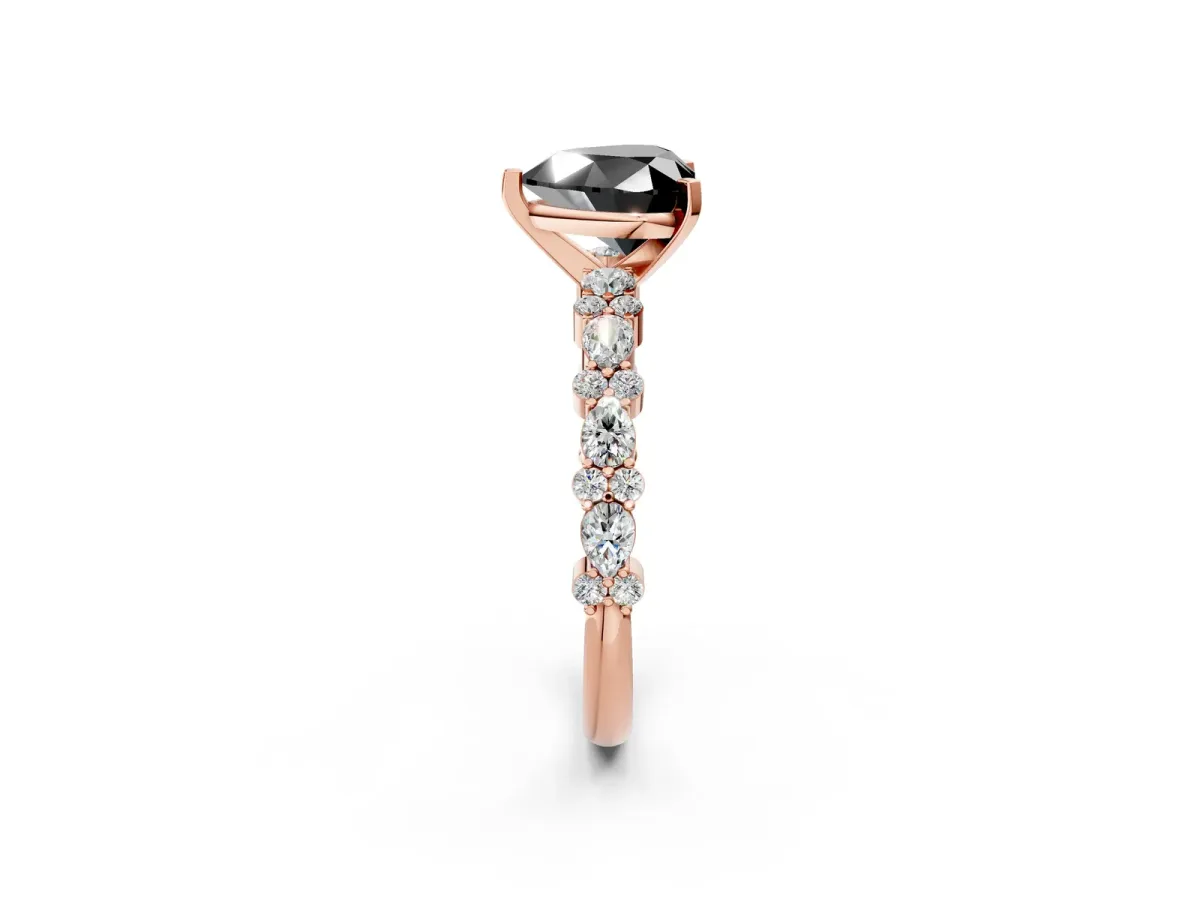 Fancy Black Heart Cut Diamond Side Stone Solitaire Ring with Round and Four-Prong Setting Rose gold
