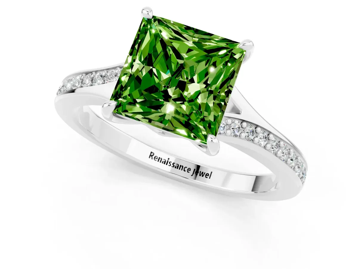 Princess Cut Peridot Solitaire Ring with Pavé Band and Prong Setting Silver