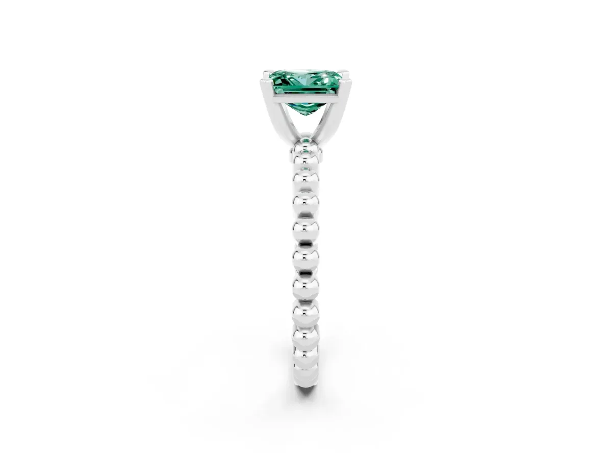 Princess Cut Green Sapphire Solitaire Ring with Beaded Band and Prong Setting Silver