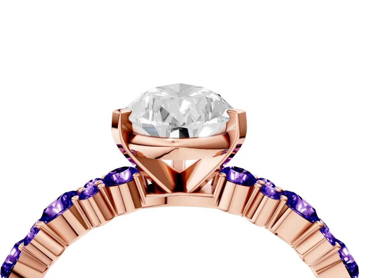 Pear Cut Diamond Side Stone Solitaire Ring with Round Tanzanite and Four-Prong Setting Rose gold
