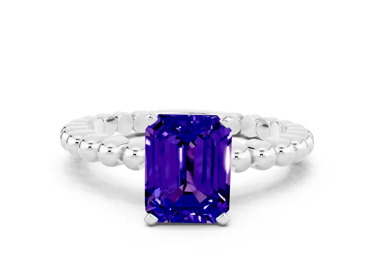 Emerald Cut Tanzanite Solitaire Ring with Beaded Band and Prong Setting Silver