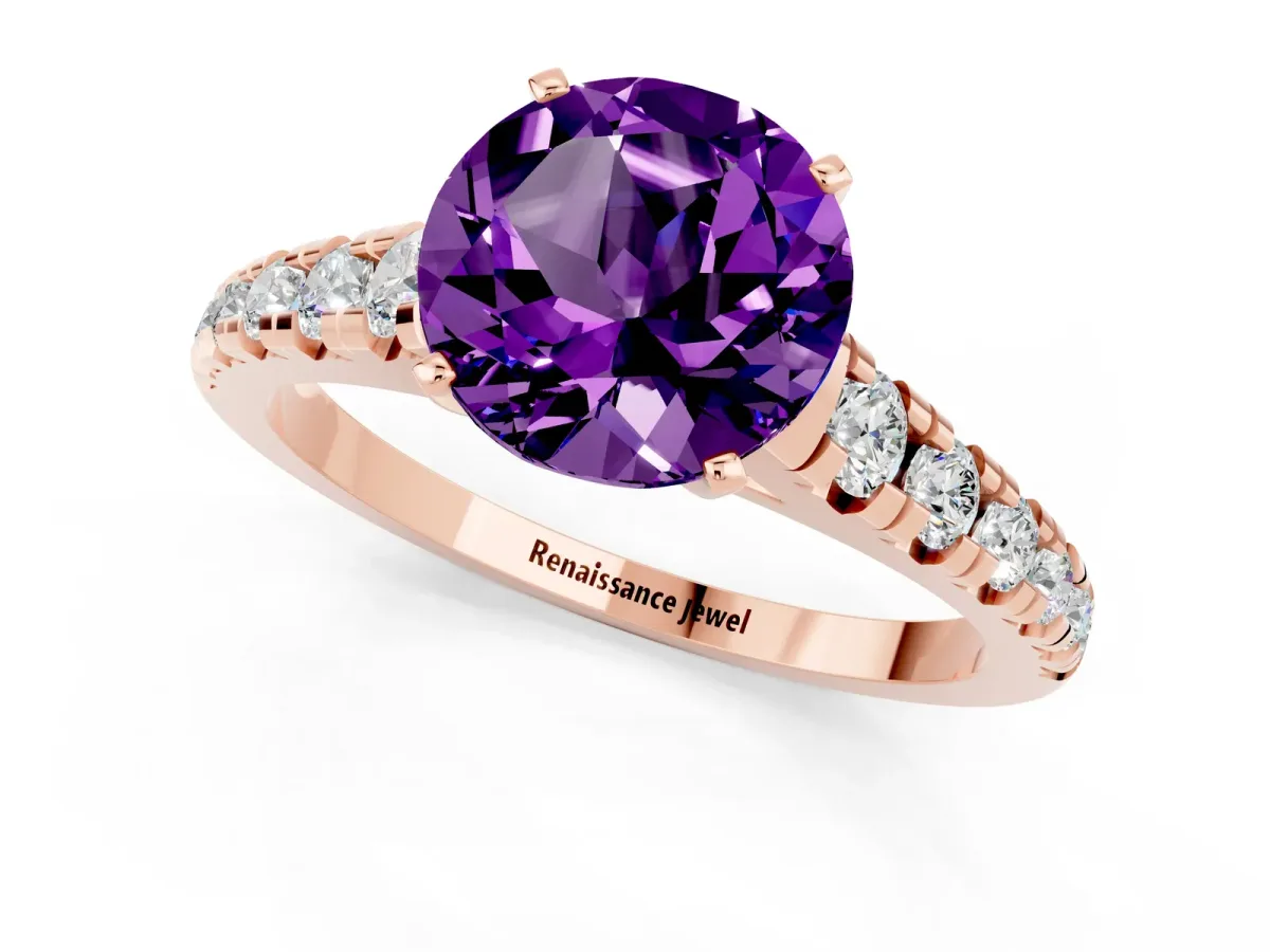 Round Cut Amethyst Cathedral Solitaire Ring with Round Pavé Band Rose gold