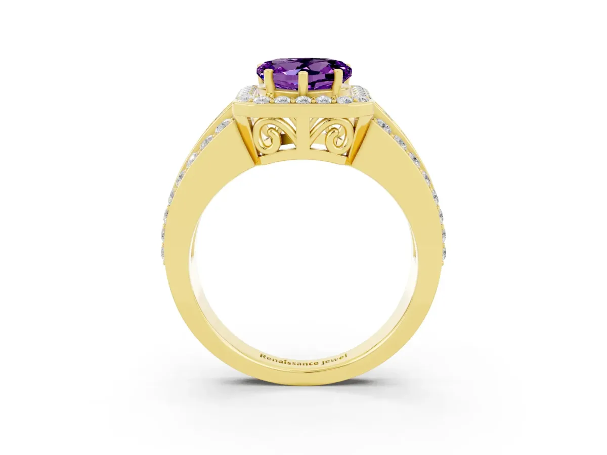 Heart Cut Halo Amethyst Ring with Round Split Shank and Prong Setting Yellow gold