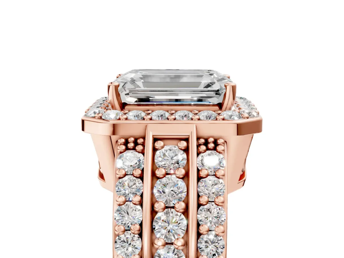 Emerald Cut Halo Diamond Ring with Round Split Shank and Prong Setting Rose gold