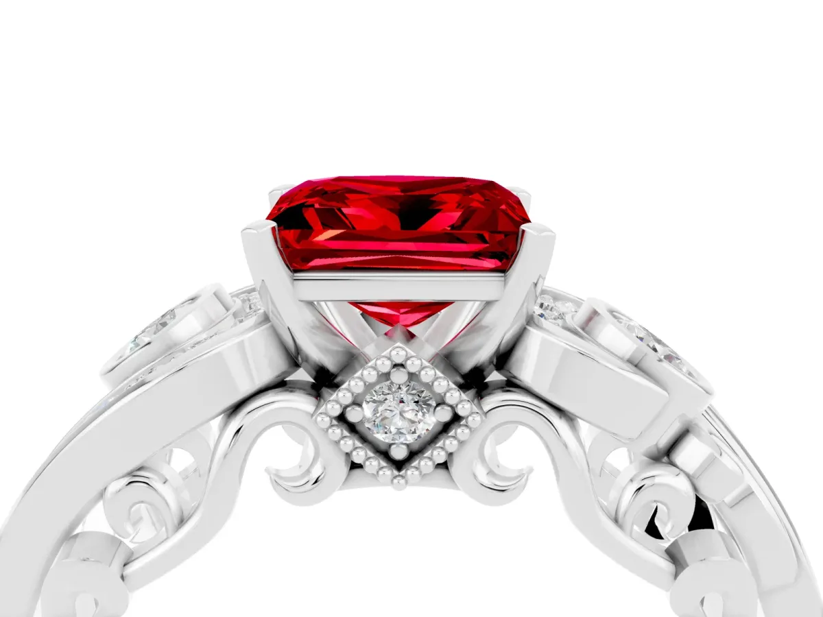Princess Cut Ruby Solitaire Ring with Milgrain Pavé Band and Four-Prong Setting White gold