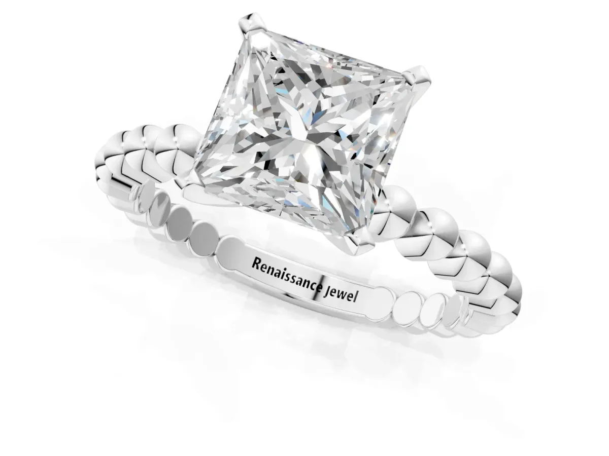 Princess Cut Diamond Solitaire Ring with Beaded Band and Prong Setting White gold