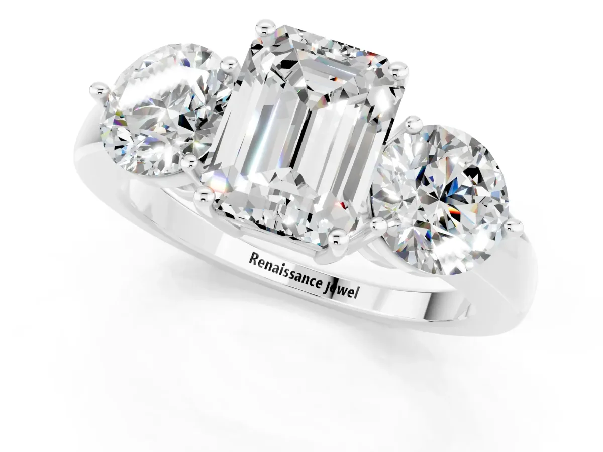 Emerald Cut Moissanite Three-Stone Ring with Prong Setting and Classic Band White gold